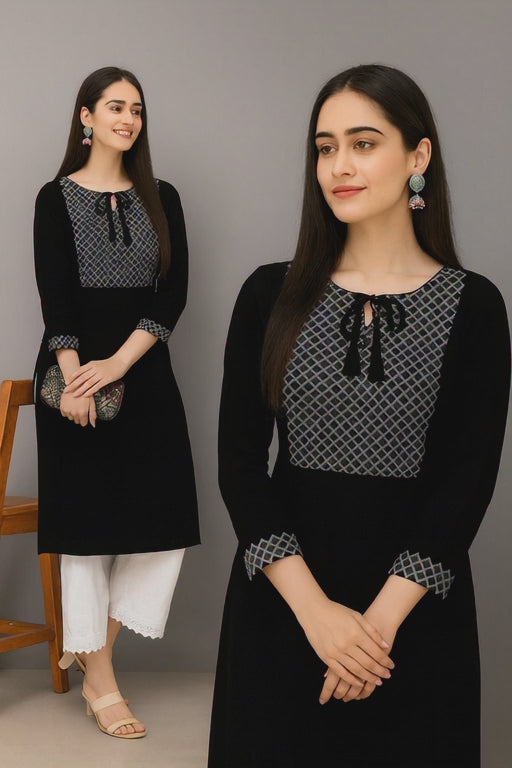 Black Printed Straight Kurti for Women with Stylish Neck Tie & Geometric Pattern – Office & Casual Wear