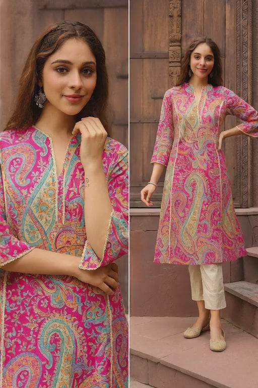 Women's Pink Multicolor Paisley Printed Kurti | Soft Rayon A-Line Kurta | Daily & Festive Wear