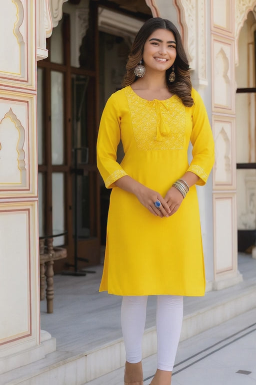 Bright Yellow Embroidered Straight Kurti for Women with Tie-Up Neck – Elegant Daily & Festive Wear