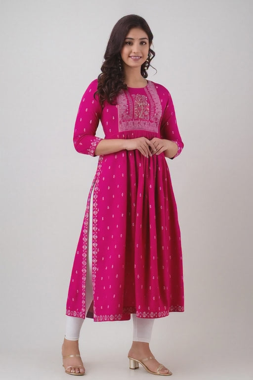 Pink Embroidered Anarkali Kurti for Women with Printed Border & Side Slit – Festive & Ethnic Wear
