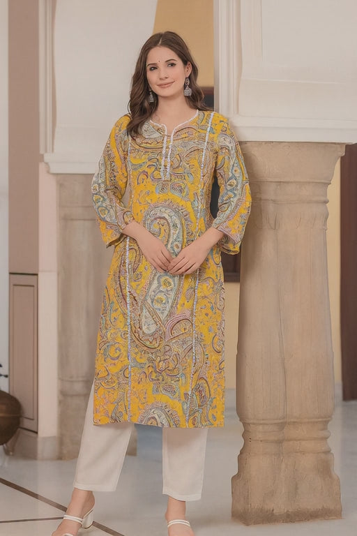 Women's Yellow Paisley Printed Kurti | Soft & Stylish Daily Wear Straight Kurta | Casual & Office Wear