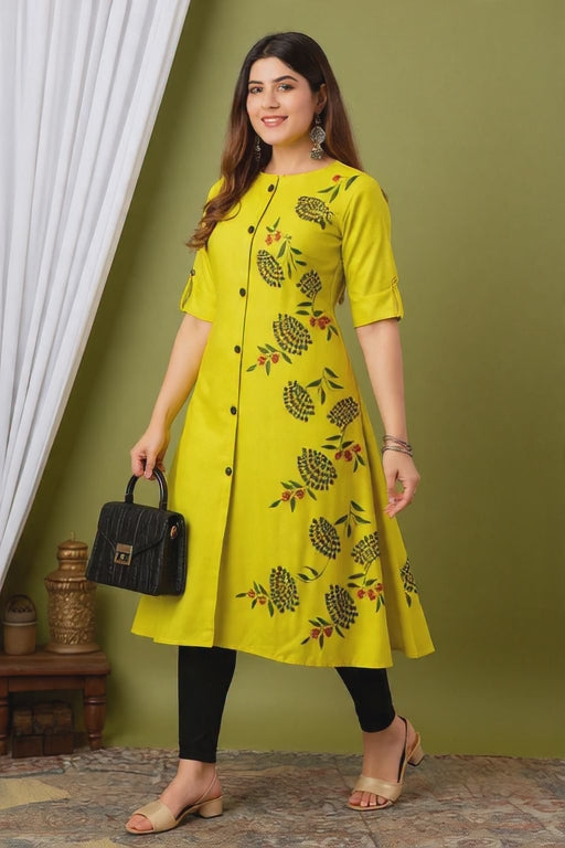 Lime Yellow A-Line Kurti for Women with Floral Embroidery & Front Button Design – Stylish Casual & Office Wear